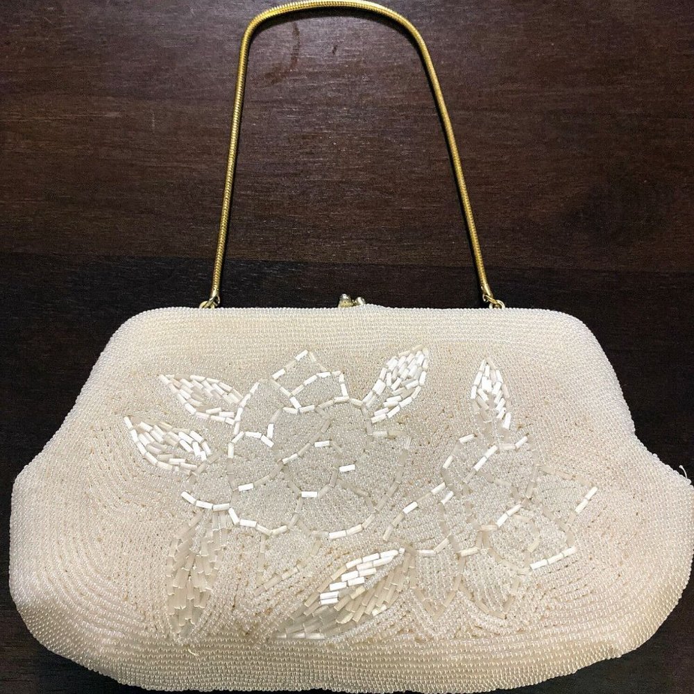 Vintage Micro Beaded Purse Womens Hand Bag Cream White Gold Metal Strap MCM